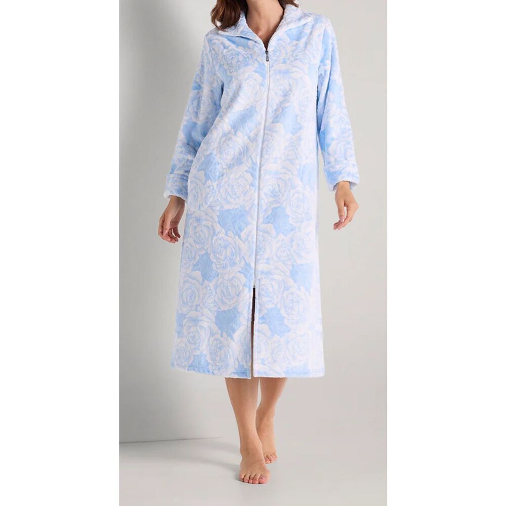 Miss Elaine Sz M long full zip robe fleece blue and white